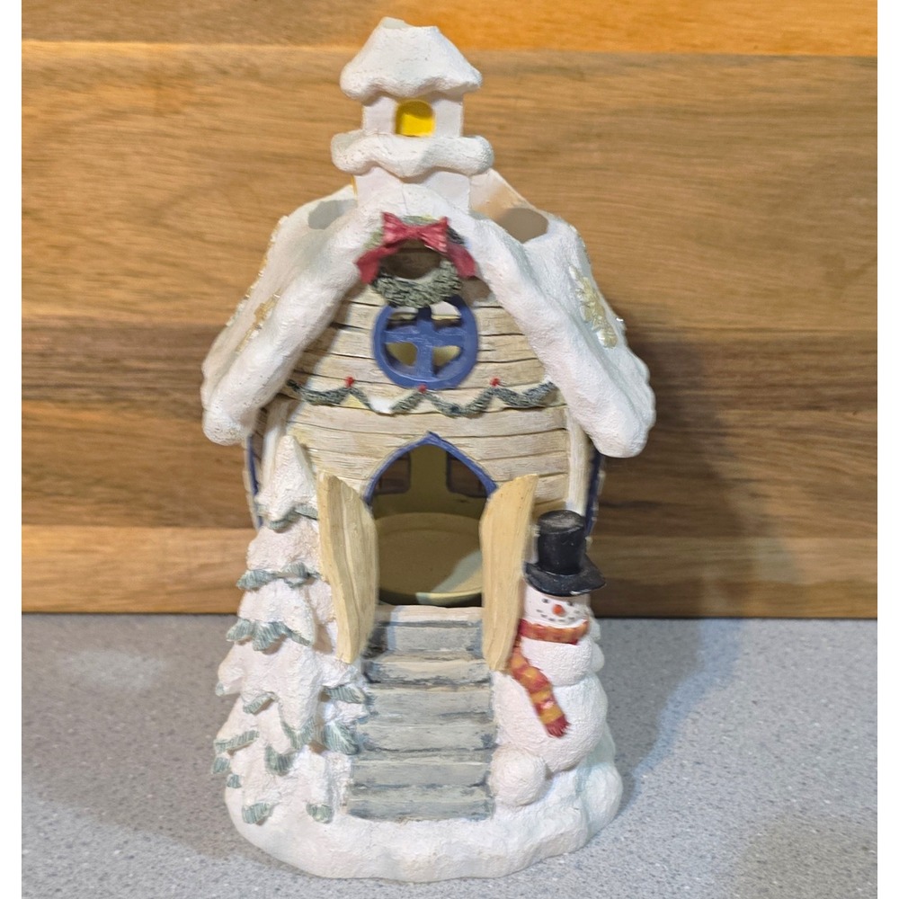 Ceramic Christmas Winter Cottage House Tealight Candle Holder Music Box 8inches